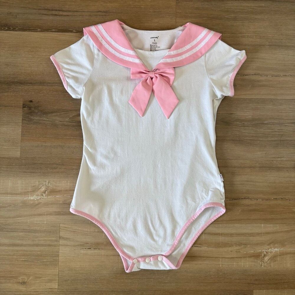 Little For Big Adult White And Pink Bow Tie Cotton Cosplay Romper Size Large
